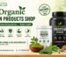 Natural health supplements including organic spirulina, multivitamin, wheatgrass powder and wellness products